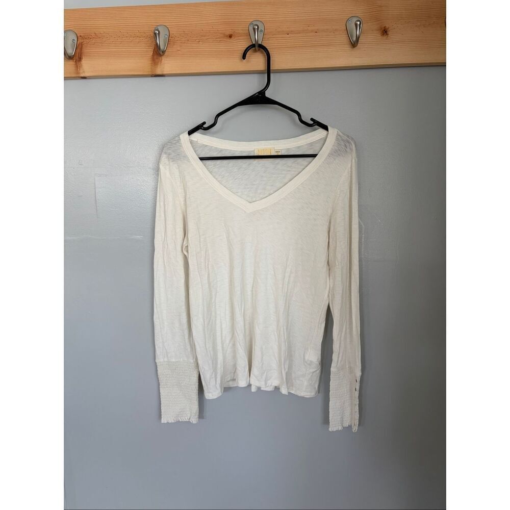 Nation LTD 100% Pima Cotton White Peasant Top Button Cuffs Size M Closet Staple